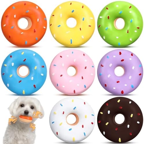 JellyArch 8 Pcs Latex Squeaky Dog Toys Donut Small Dogs Squeaky Chew Toys for Aggressive Chewers Soft Interactive Fetch Play No Stuffing Durable Teething Items for Small Puppy