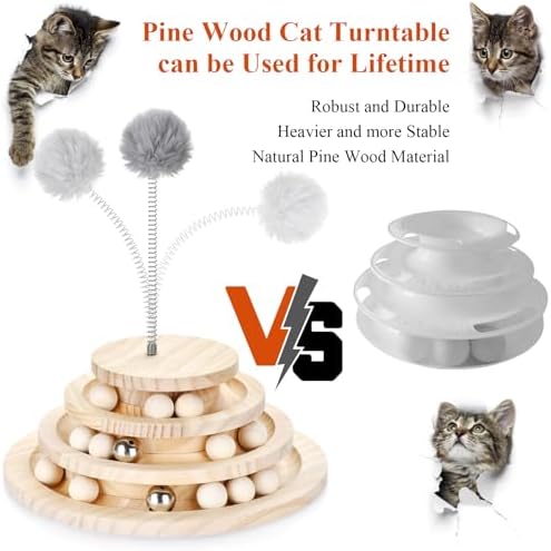 Large Upgraded Cat Track Ball Toy with Bell & Teaser Wand - 3-Layer Tower Roller, Interactive Wooden Cat Toy for Mental & Physical Exercise, Double Fun for Kittens & Adult Cats