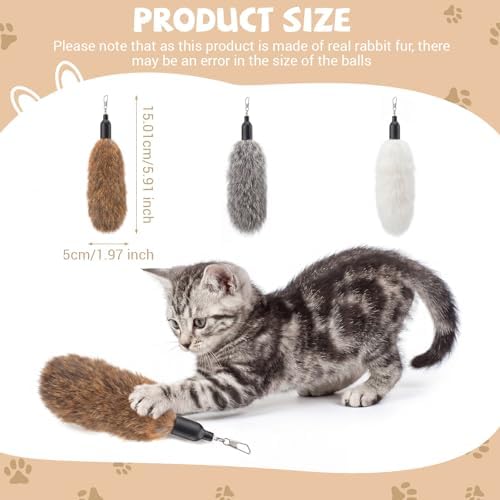 6 Pack Natural Rabbit Fur Cat Toy Refills Silent Cat Wand Toy Attachments Interactive Handmade Replacement Heads with Secure Connector
