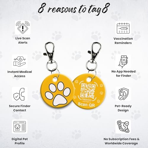 tag8 Smart Pet ID Tag – Anti-Loss NFC & QR Code Tag, Silent Silicone Dog & Cat ID Collar Tag, Digital Pet Profile & Easy Owner Contact - Yellow-Pack 1
