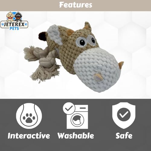 Large Dog Toy - Tan Cow Squeaky Dog Toys for Large Dogs, Medium and Small Dogs. Durable with Pineapple Plush Fabric, Rope Legs, Hidden Seams, Reinforced Stress Points, Embroidered Eyes