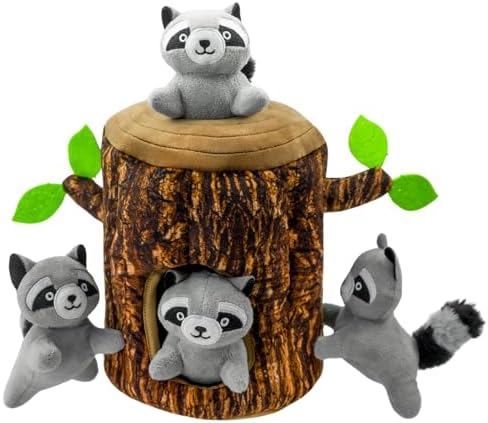 Hide and Seek Dog Toys Squeaky Raccoon Plush Toy with Crinkle Trunk, Interactive Dog Toy to Keep Them Busy Pet Chew Toys for Small & Medium Dogs (Tree Trunk Hideout with 4 Raccoon)