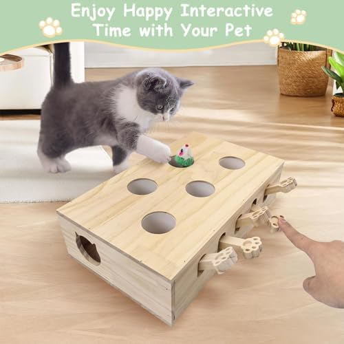 kathson Whack A Mole Cat Toy, Wooden Enrichment for Indoor Cat, Interactive Kitten Puzzle Toy for All Ages Cats Intelligence Training and Exercise (Rectangular)