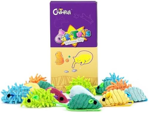 CHIWAVA 27PCS 2" Striped Shaggy Cat Toy Mice with Rattle Assorted Mouse