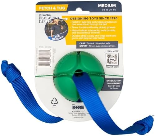 PetKORE: FloTex Tug - Medium - 2.5" Green, Rubber Dog Toy, Removable Strap Tail, Patented Airflow Grooves, Bounce-Fetch-Chew, Pet Indoor-Outdoor Play