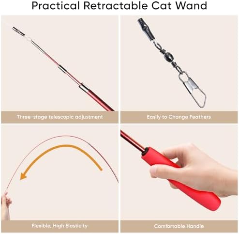Cat Toys for Indoor Cats, 11 Packs Interactive Cat Wand Toy Set with Feather Toys&Ribbon Refills,Retractable Cat Wand with Bell Refills for Kittens Play and Exercise