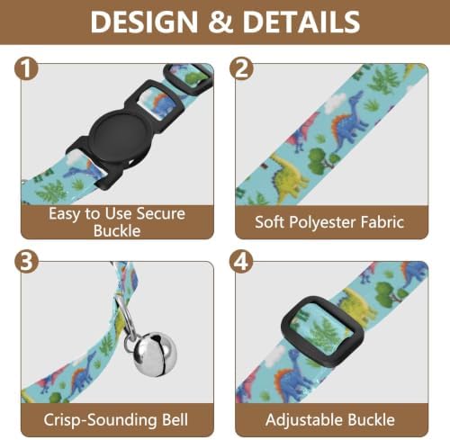 2 Pack Dog Collar Colorful Cartoon Dinosaurs Cat Collar Breakaway with Bell, Adjustable 10.6 to 17.1 Inches