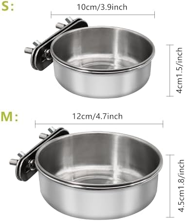 Small+Medium Bird Feeding Dish Cups,Parrot Food Bowl Cage with Clamp Holder Stainless Steel,Birdcage Coop Water Feeder for Cockatiel Parakeet Macaw Finches Lovebirds Small Animals (1 Pack, S+M)