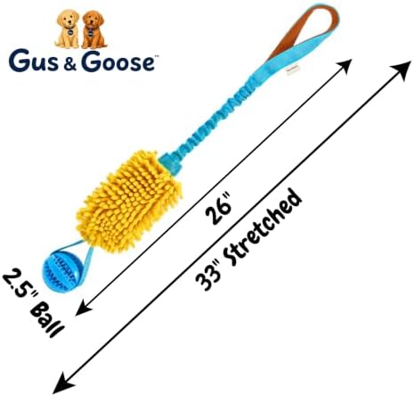 Gus & Goose Dog Tug Toy with Bungee, Comfort Handle, Plush Chew Section, Durable Rubber Ball, for Outdoor and Indoor Play, Blue and Yellow, for Medium and Large Dogs