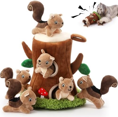 Skylety 7 Pieces Hide and Seek Dog Toys Activity Puppy Chew Squeaky Toys Plush Stuffing Woodland Stuffing with Squeakers for Small Medium Pets Dogs Puppy Gift (Squirrel,Small)