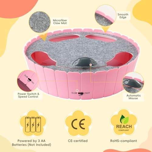 Pawaboo Interactive Cat Toy with Running Mouse, Automatic Track Kitten Toy | Electronic Motion Cat Toy for Indoor Cats, Pop and Play Hide Seek Cats Toys Hunting Mouse for Kitty Play Exercise, Pink