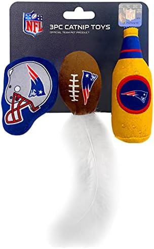 BEST PLUSH CAT TOY: NFL NEW ENGLAND PATRIOTS Complete Set of 3 piece Cat Toys filled with Fresh Catnip. Includes: 1 Helmet Cat Toy, 1 Football Cat Toy with Feathers & 1 Beer Bottle all with Team LOGOS
