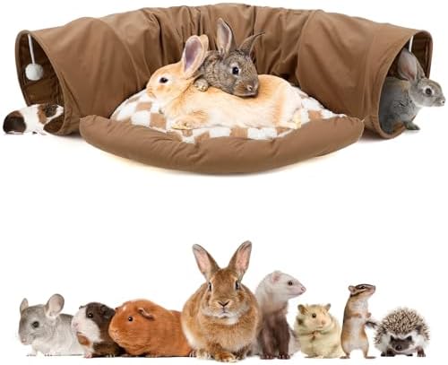 BWOGUE Bunny Tunnel Bed, Collapsible Rabbit Tunnel Hideout with Mat, Coffee