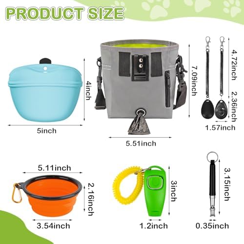 Dog Treat Pouch for Training -6 PCS Dog Training Treat Bag with Clicker, Poop Bag Dispenser, Whistle, Collapsible Bowl, Silicone Pouch, Adjustable Waist Pack for Dog Walk, Park, Outdoor Charcoal Gray
