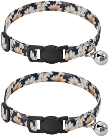 Retro Daisy Flower Small Dog Collar with Bell 2 Pack Cat Collar Adjustable Length 10.6" to 17.1"