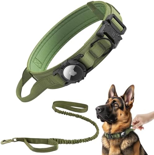 Tactical AirTag Dog Collar Leash Set - Heavy Duty, Adjustable GPS Collar