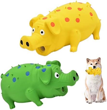 Pig Squeaky Dog Toy, 2 PCS Interactive Rubber Dog Chew Toy - Durable Latex Spot Grunting Pig Toys that Oink for Small Medium Large Dogs (Yellow, Green)