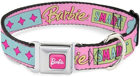 Mattel Pet Collar, Dog Collar Metal Seatbelt Buckle, Barbie Smart Beautiful Strong Icons Pink Multi Color, 13 to 17 Inches 1.5 Inch Wide