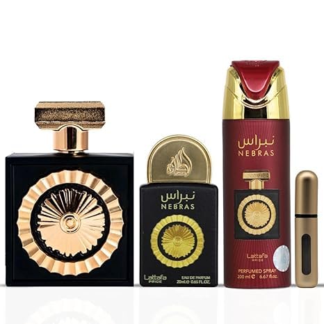 Lattafa Pride Nebras – Fruity, Sweet, Vanilla, Amber – 3-Piece Gift Set for Unisex (3.4 Ounce Eau de Parfum Spray + 0.65 Ounce Eau de Parfum Spray + 6.67 Ounce Deodorant Spray)