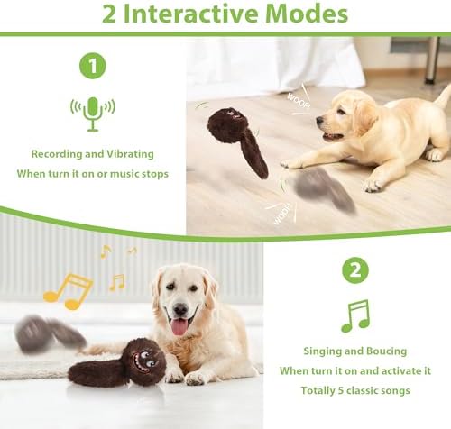 PETGEEK Interactive Dog Toys Ball - Upgraded Automatic Squeaky Vibrating Dog Ball, 900mAh Rechargeable Bouncing Ball with Washable Plush Cover, Crinkle Dog Toy with Recording Music(6 Inches, Brown)