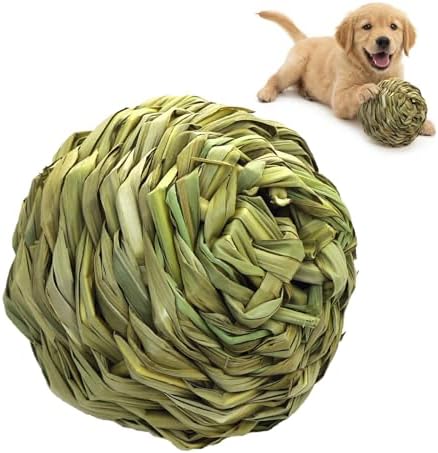 Natural Dog Chew Toy, 1pcs Woven Grass Chew Ball for Dogs, Dental Teething Toy & Interactive Fetch Toys, Outdoor Rattan Digestible Chew Ball for Boredom Relief - Reed