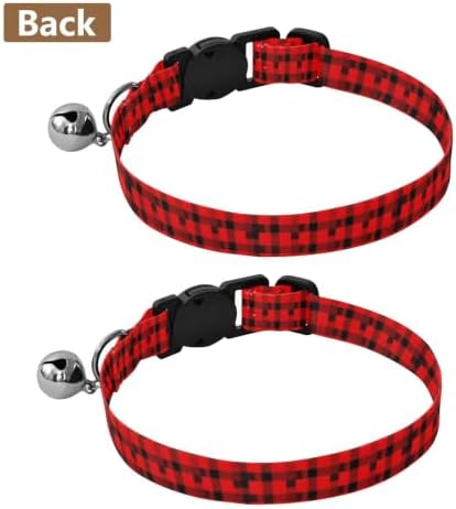 Buffalo Plaid Red Black Small Dog Collar with Bell 2 Pack Small Dog Collar Adjustable Length 10.6" to 17.1"