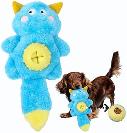 Cute Monster Plush Dog Toy with Squeaky Ball, Crinkle Paper, Treat Dispenser & Washable Design, Interactive Stuffed Chew Toy for Small Medium Dogs, Puppy Teething Toy (Blue)