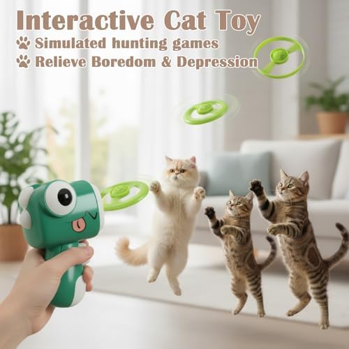 Interactive Cat Toy for Indoor Cats - Cat Fetch Toy Launcher with 8 Colorful Flying Discs, One-Press Exercise Toy for Chasing & Hunting, Fun Kitten Toy for Adult Cats, Green