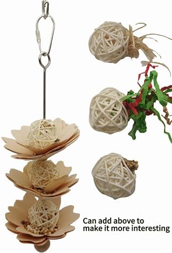 Bird Foraging Toy Set, Bamboo Feeding Station with Flower Treat Dispenser, Stainless Steel Skewers, Wood Construction, 9x5.5x2 Inches, for Small and Medium Parrots