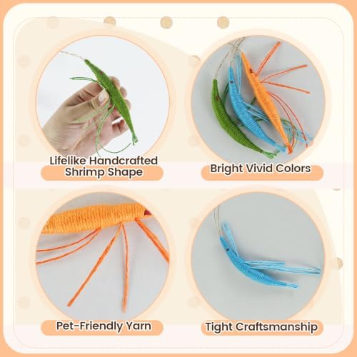 Andiker 3 PCS Bright Colors Catnip Toys, 12 CM Yarn Handmade Shrimp Cat Chew Toy with Gentle Sound Bell, Interactive Cat Toys for Indoor Cats Chewing Playing