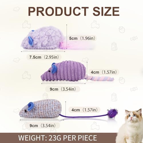 Andiker 3PCS Cat Mouse Toys, Colorful Catnip Toys for Cats with Rattle Box Ribbon Feather Interactive Cat Toys for Indoor Cats to Chew Bite Teeth Cleaning (Purple)
