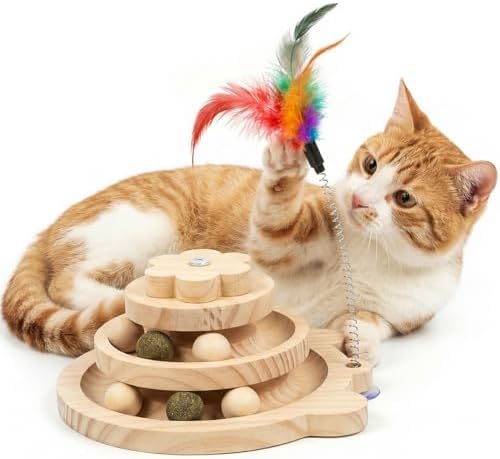 Interactive Wooden Cat Toy with Catnip Balls & Spring Feather Wand, 3-Tier Pine Wood Track Ball Tower for Indoor Cats, Kitten Mental Stimulation & Exercise Play Set