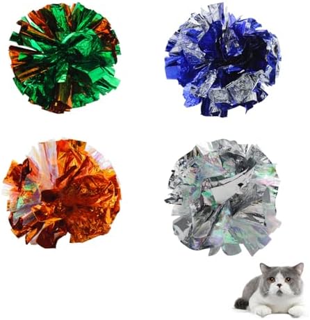 Andiker 3.54inch Mylar Cat Crinkle Balls, 4pcs Colorful and Sparkling Crinkle Ball Lightweight Easy to Carry Cat Ball Toy Interactive Cat Toys for Indoor Cats to Kill Time and Keep Fit (Mixing Color)