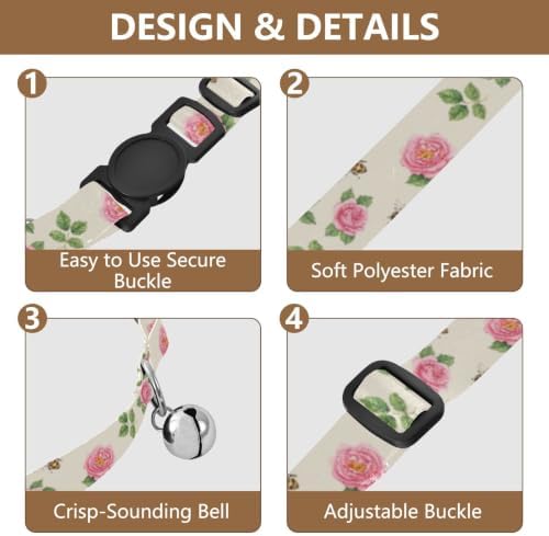 2 Pack Cat Collars Roses Green Leaf Bees Puppy Collar with Bell, Adjustable Length 10.6" to 17.1"
