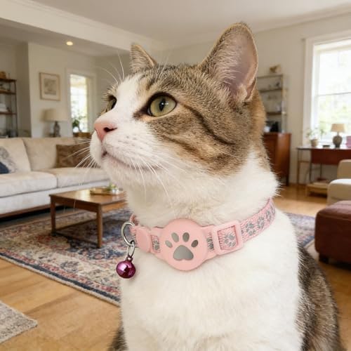 GPS Tracker Collar for Dogs/Cats, Rejustable Tractive GPS Cat Tracker with Real-Time Location, Fit for iOS and Android, Pet Tracker for Safety of Pets' Outdoor Activities (Pink White)