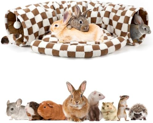 BWOGUE Bunny Tunnel Bed, Brown Plaid 2-in-1 Rabbit Tunnel Hideout with Mat