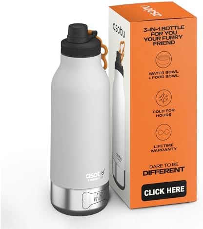 asobu Buddy Bottle a Stainless Steel Insulated Water Bottle for with Removable Dog Water Bowl and Dog Food and Treat Storage Bowl (White, 34 oz Water Bottle | 2 Bowls)