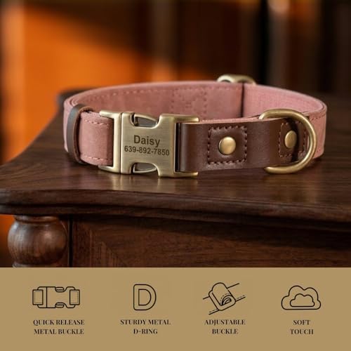 Personalized PU Leather Dog Collars, Quick Release Buckle, Pink,S