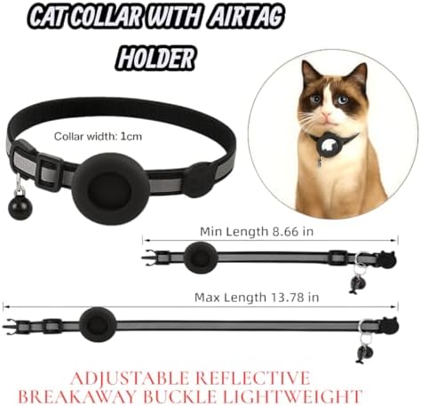 AirTag Cat Collar Breakaway with Apple Air Tag Holder & Bell - Reflective Adjustable Kitten Collar, Lightweight Nylon Safety Release Buckle for Boy Girl Cats, Indoor Outdoor (Fits 8-11 in)
