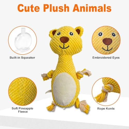 Yellow Bear Plush Chew Dog Toy, 13.4 in, Squeaker and Rope
