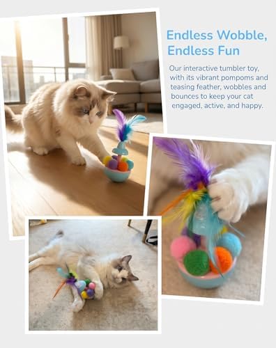 JINTONE Interactive Cat Toy, Self-Righting Tumbler with Feathers & Catnip-Ready Plush Ball, No Battery Needed, Relieve Boredom, Stop Night Zoomies, Easy to Clean for Indoor Kittens & Adult Cats