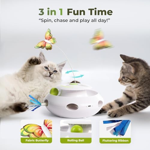 ALL FOR PAWS 3 in 1 Interactive Butterfly Flutter Cat Toy with Rolling Balls, Automatic Kitten Spinner Toys, Popping Feather Toy, Mental Stimulation for Indoor Cats, USB Rechargeable