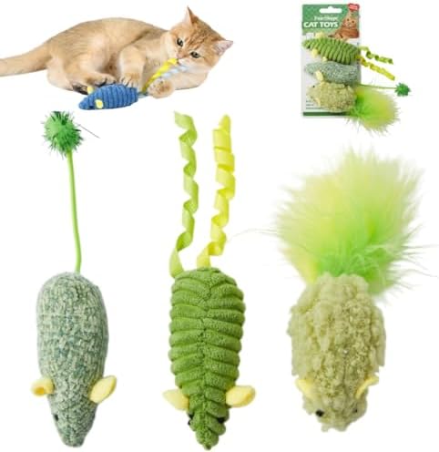 Catnip Toys (3 Pack), Cat Mouse Toys for Indoor Play, Small Interactive Cat Toys for Indoor Cats, Perfect for Single or Multi-Cat Households (Green)