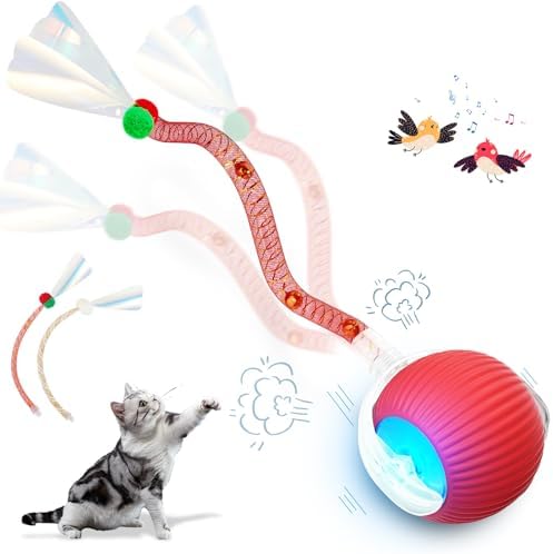 Interactive Cat Toys for Indoor Cats, 2025 New Generation Interactive Cat Ball Toy with Elastic Mesh Tail, Automatic Cat/Kitten Toys with Chirping & Motion Activate, Cat Toys for Bored Indoor(Red)