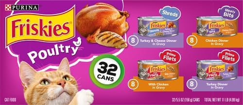 Friskies Purina Gravy Wet Cat Food Variety Pack, Poultry Shreds, Meaty Bits and Prime Filets - 5.5 oz. Cans (Pack of 64)
