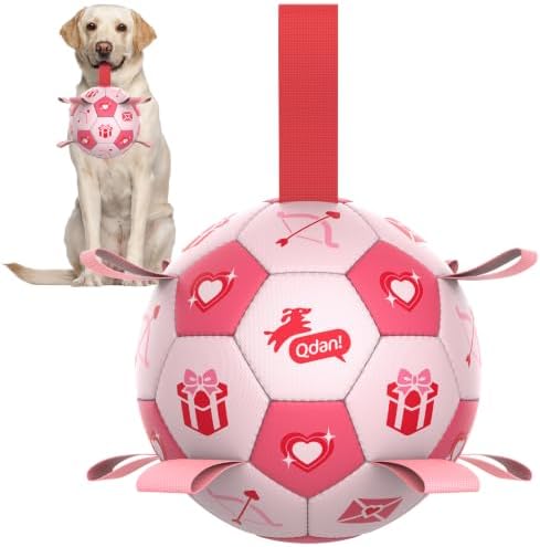 QDAN Dog Birthday Toys, Pink Soccer Ball with Straps, Interactive Tug of War Toy, Puppy Birthday Gifts, Water Toy, Durable Dog Balls for Medium Large (8 Inch)