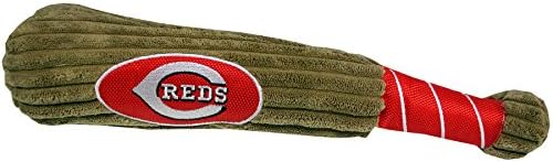 MLB Cincinatti Reds Baseball Bat Toy for DOGS & CATS. Soft Corduroy Plush Dog Toy with Inner SQUEAKER, MLB Chew Toys for Dogs or Cats. Durable Fun Interactive Dog Toy with Team Names and Logo