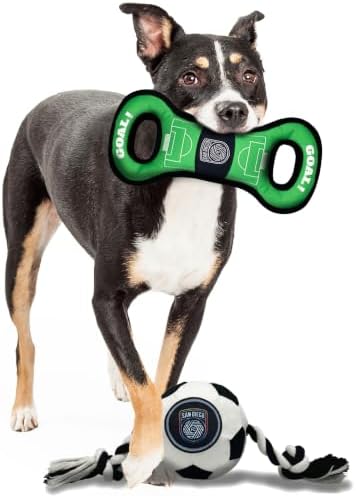 Pets First MLS San Diego FC Soccer Field Tug Toy & Soccer Ball Rope Toy Set for Dogs - Officially Licensed Interactive Squeaky Rope Fetch & Chew Toys with Team Logo