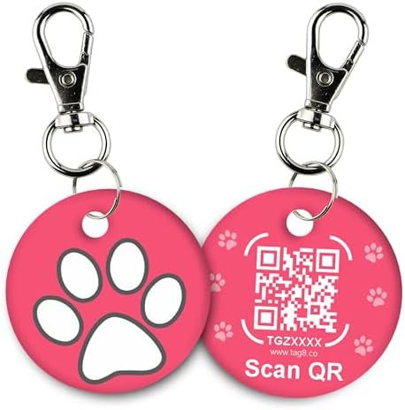 tag8 QR Code ID Tag for Dogs & Cats, Real-Time Scan Alerts, Online Pet Info Access, No Subscription or Fees, Durable Pet Tag for Collars - Pink