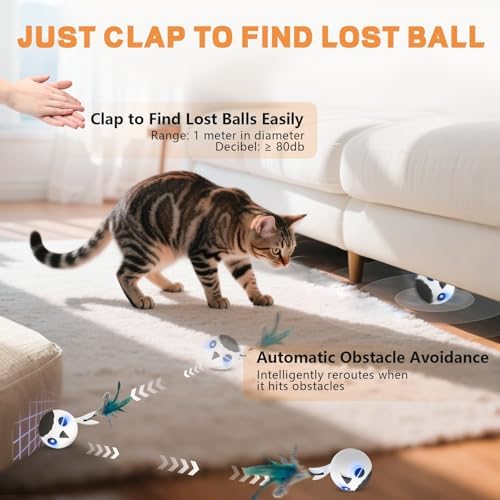 Cat Ball Toy, Upgraded Smart Motion Sensor Moving Ball with 3 Speed Modes & 4 Sounds, Interactive Toy for Indoor Cats, Motion Activated, Chirping Light, 2 Feather Tails(White)